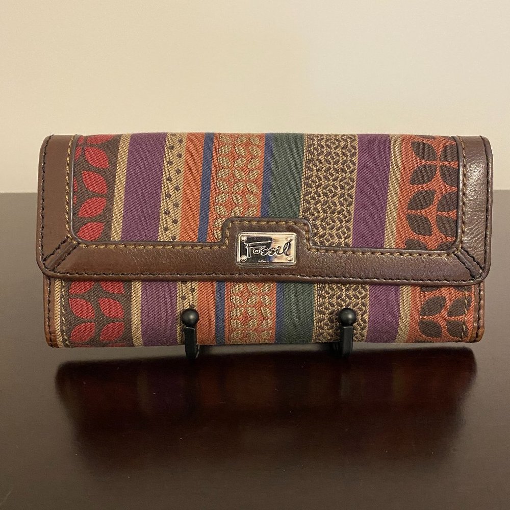 Fossil Brown Floral Stripe Trifold Clutch Wallet